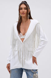 DRIPPY RHINESTONE FRINGE BLAZER IN WHITE