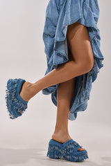 AKIRA GOLD RAMESHA DENIM FRINGE PLATFORM SANDAL