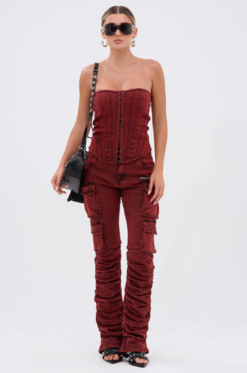 IT GETS EASIER STACKED CARGO PANT IN BURGUNDY