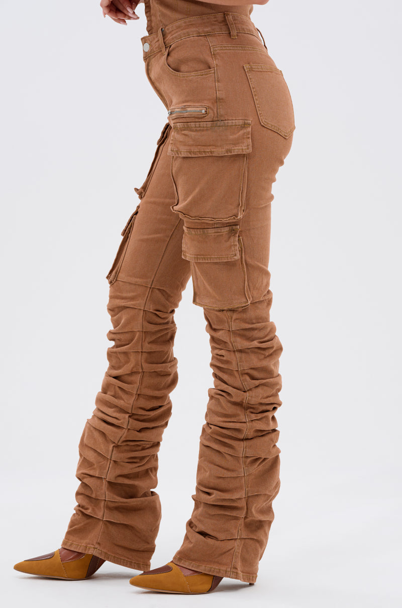 IT GETS EASIER STACKED CARGO PANT IN MOCHA