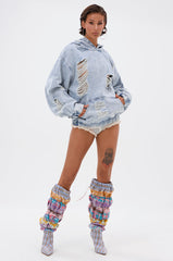 TRINITY DISTRESSED DENIM HOODIE