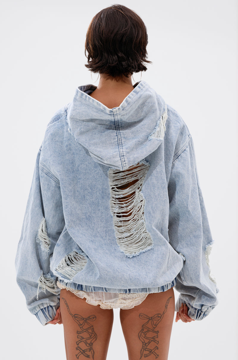 TRINITY DISTRESSED DENIM HOODIE