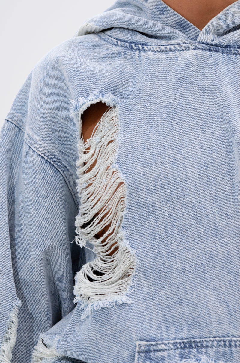 TRINITY DISTRESSED DENIM HOODIE