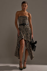 PURE ROYALTY BROCADE HIGH LOW TWEED DRESS WITH SEQUINS