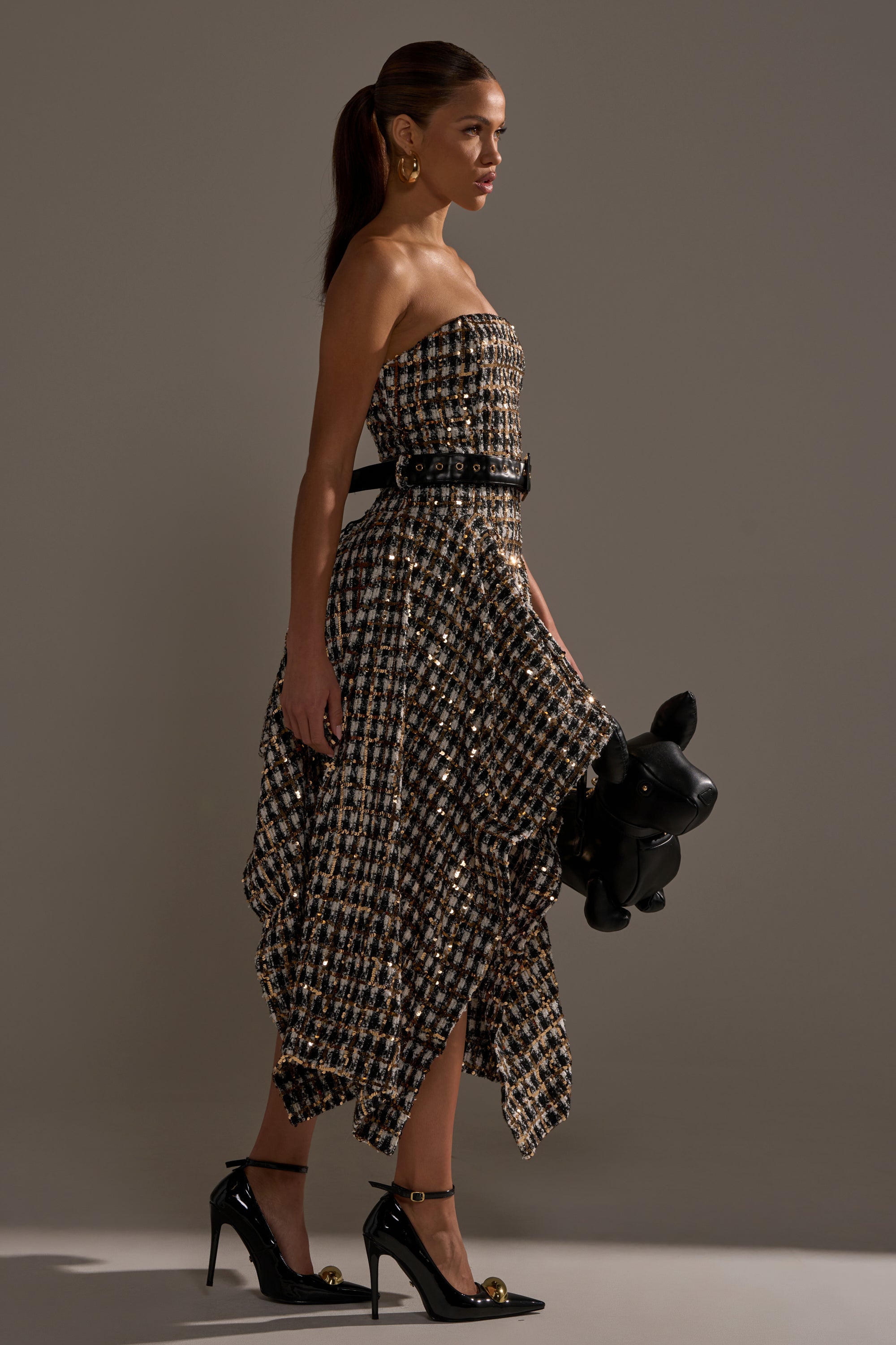 PURE ROYALTY BROCADE HIGH LOW TWEED DRESS WITH SEQUINS