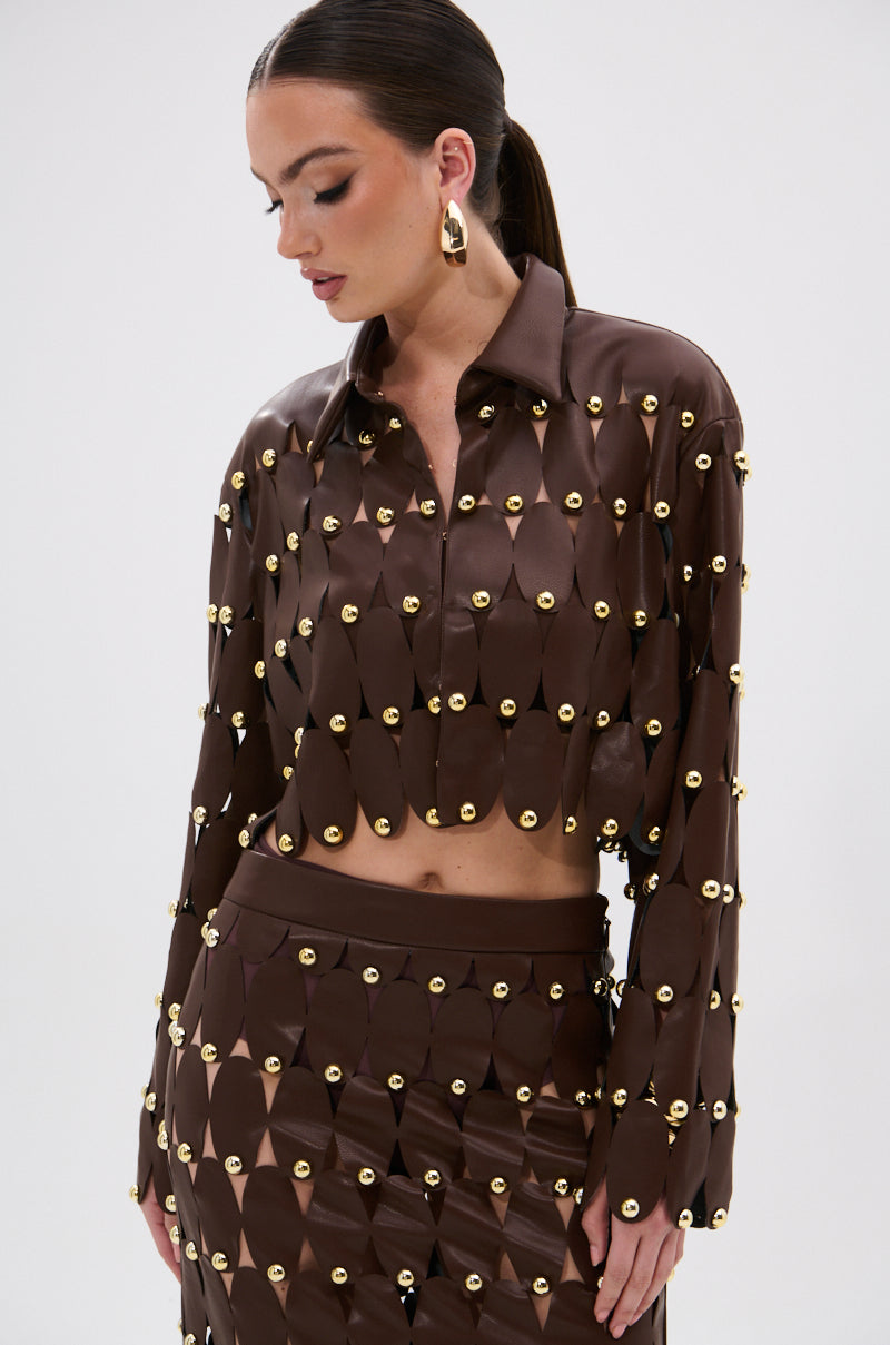 SNEAK PEEK STUDDED PU CROP CARDIGAN IN BROWN
