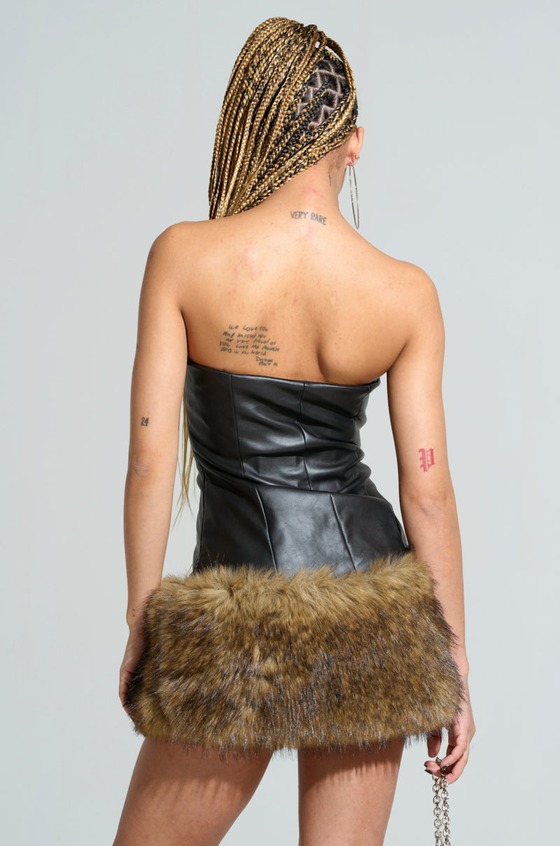 BARON PU MINI DRESS WITH FUR TRIM