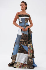 STRAPLESS TRENCH MAXI DRESS WITH PATCHWORK DETAIL