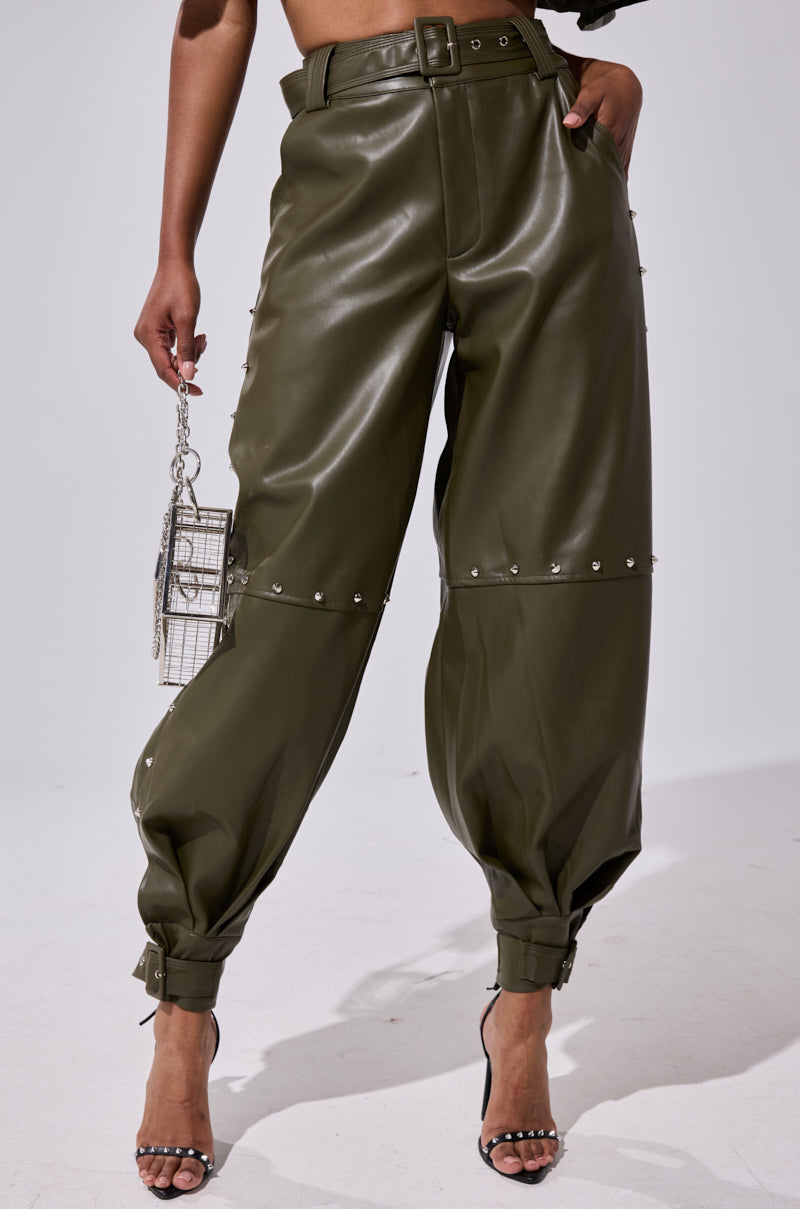 STUDDED FAUX LEATHER BELTED PANT