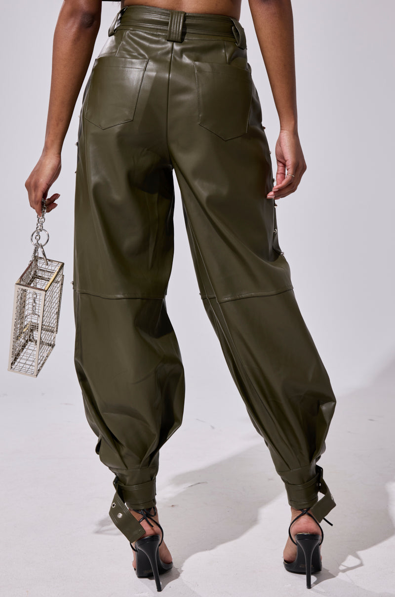 STUDDED FAUX LEATHER BELTED PANT