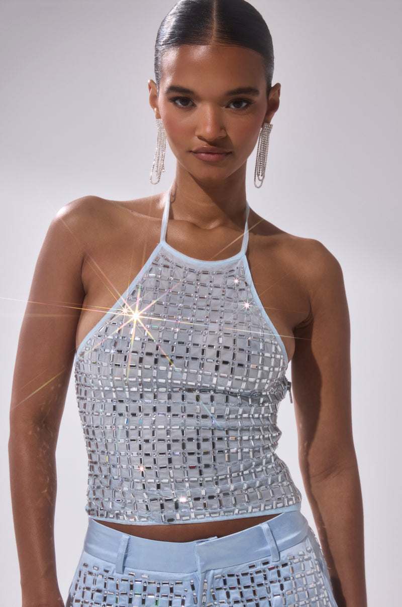 LILA EMBELLISHED MOCK NECK MESH TOP