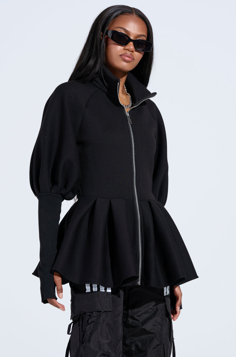 TWIN FLAME PEPLUM BOMBER IN BLACK