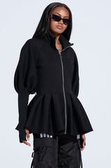TWIN FLAME PEPLUM BOMBER IN BLACK