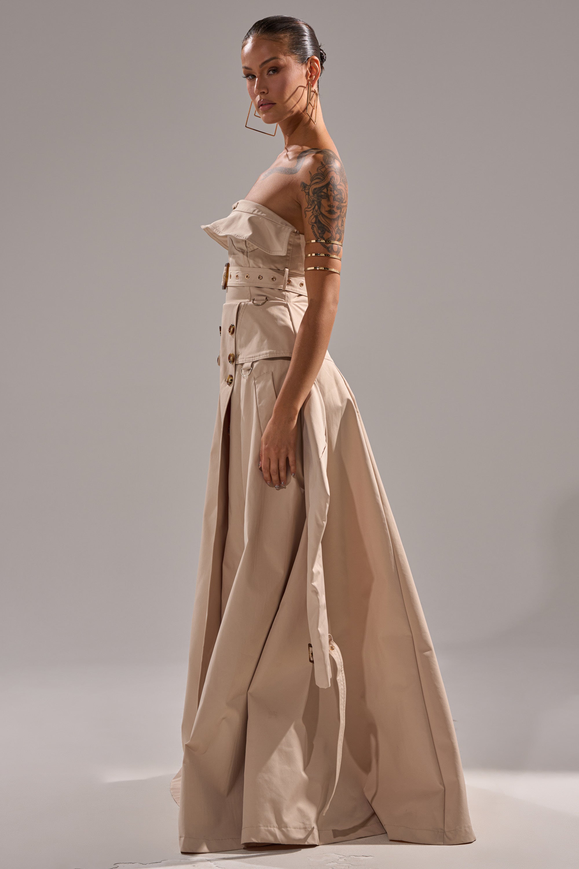 STRAPLESS TRENCH MAXI DRESS