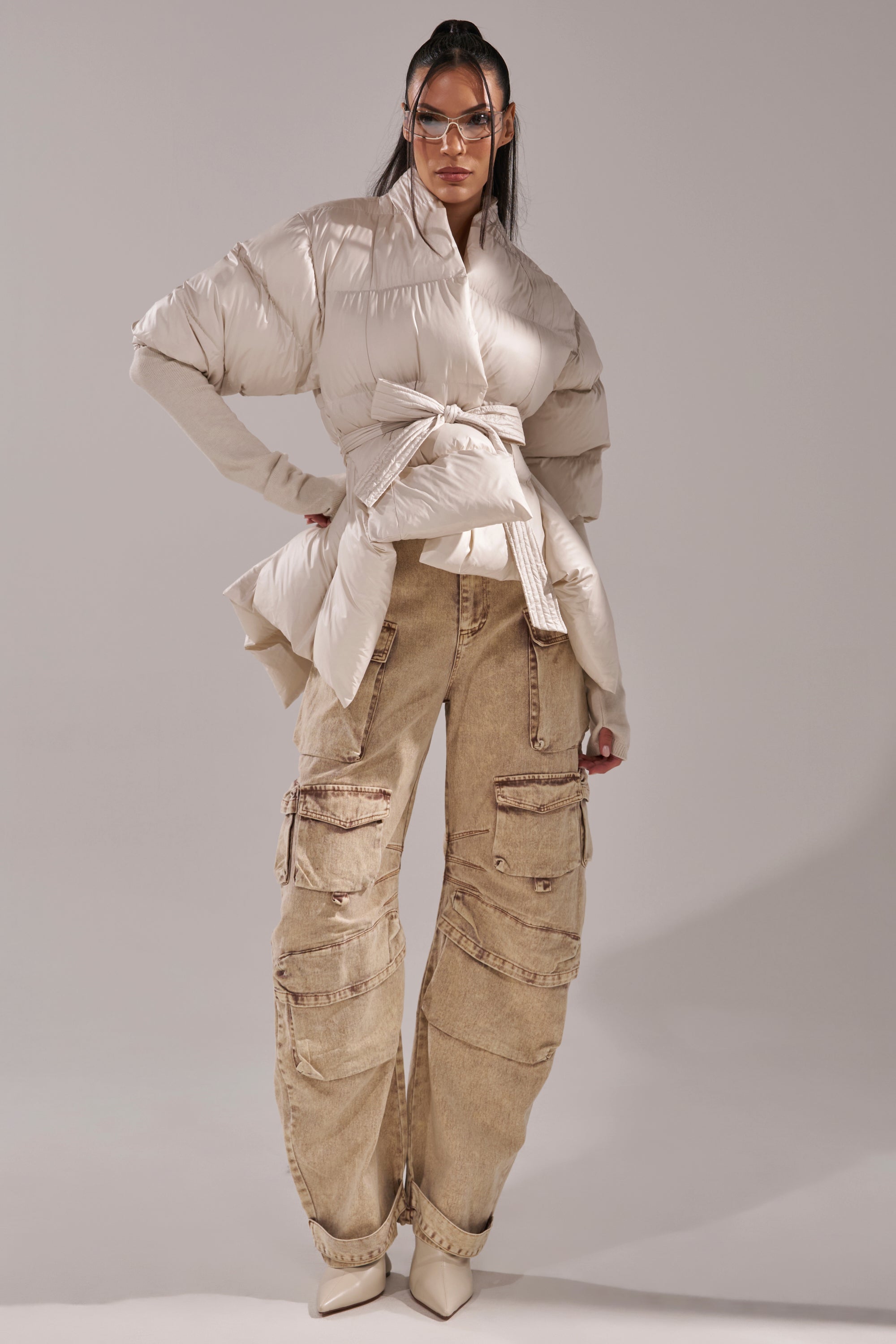 RIB SLEEVE PEPLUM PUFFER IN IVORY