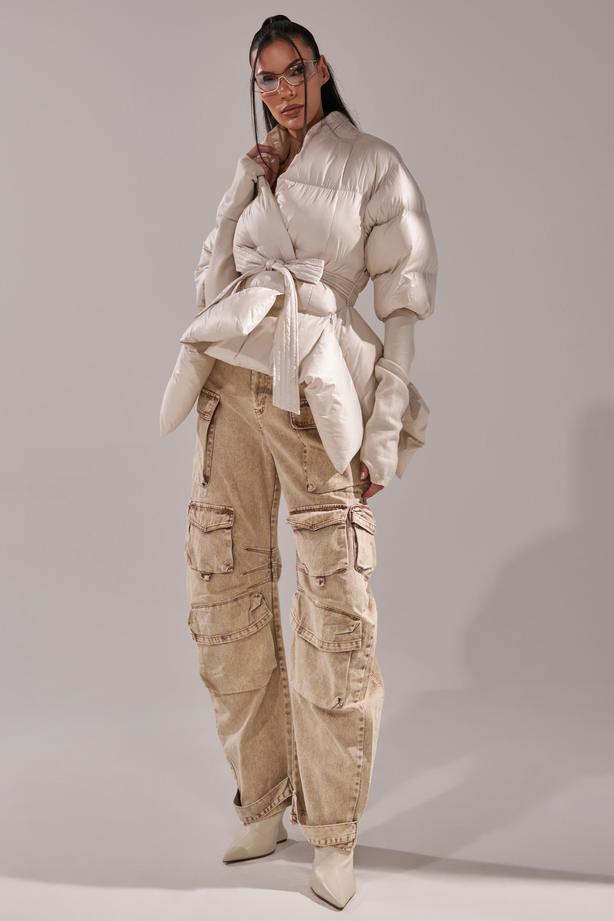 RIB SLEEVE PEPLUM PUFFER IN IVORY