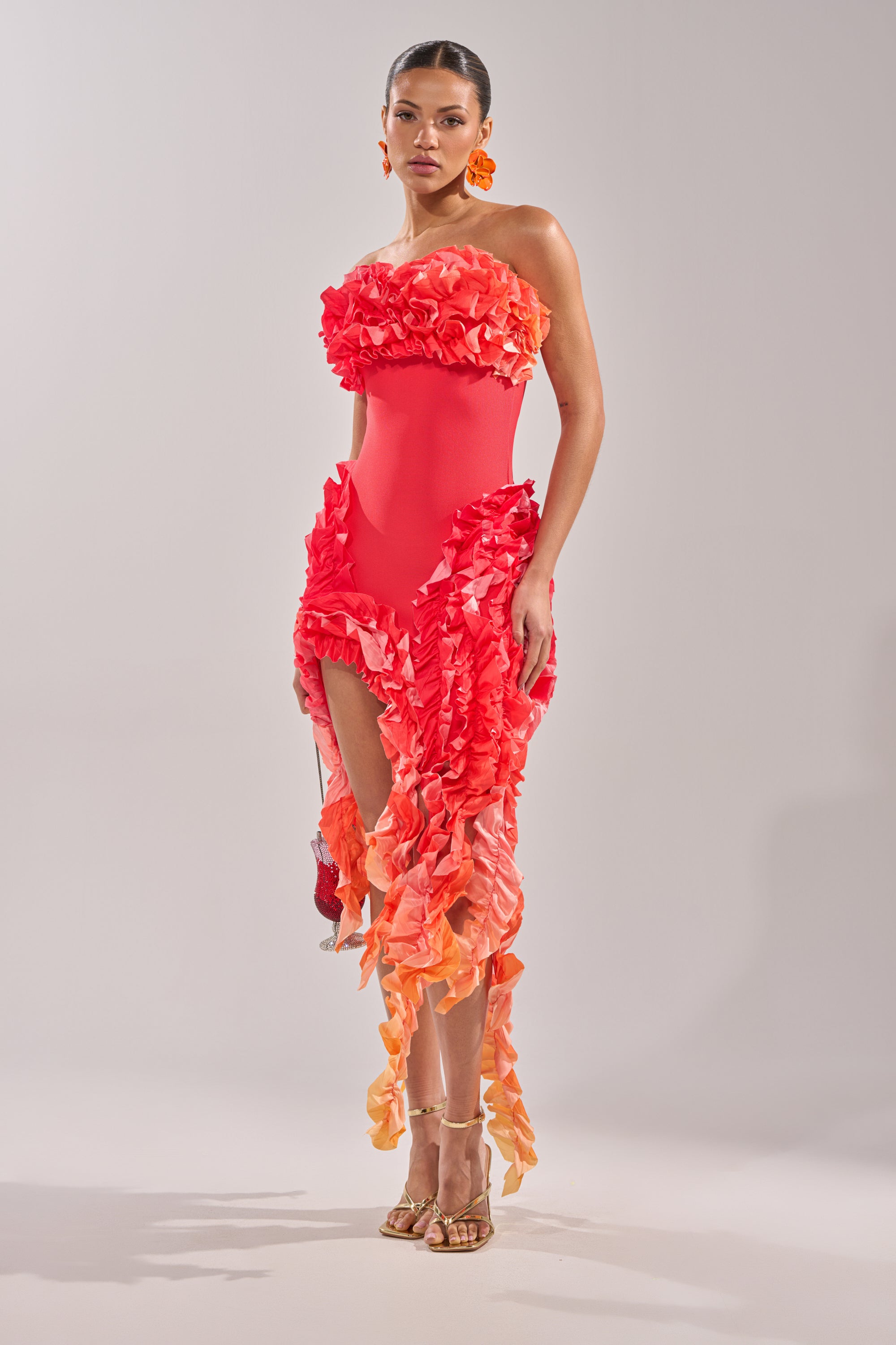 CITY LIGHTS RUFFLE MAXI DRESS IN RED OMBRE