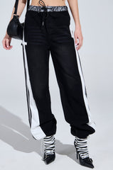 SPORTY AND SWEET BLACK WASH DENIM TRACK PANTS