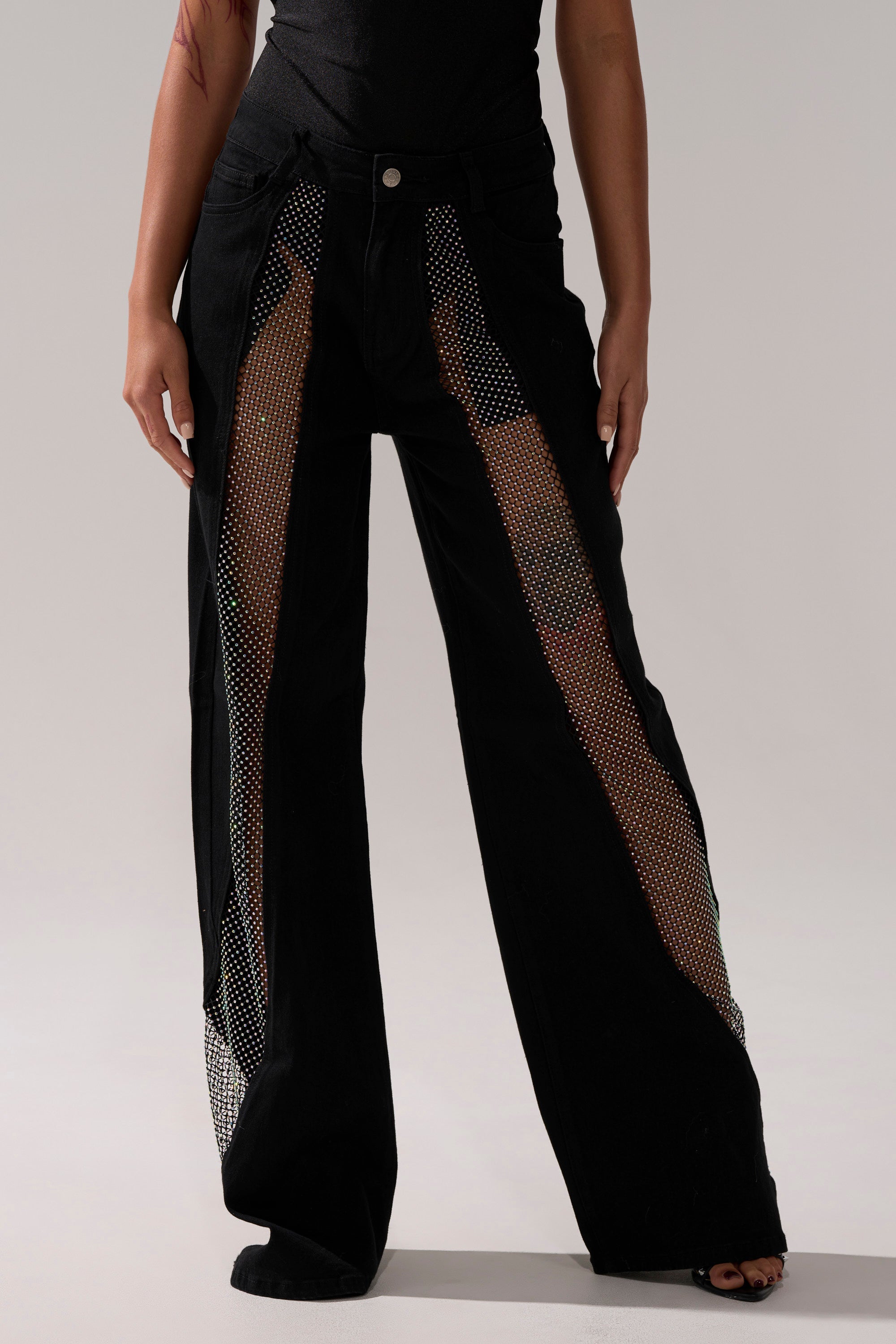SOMETHING DIFFERENT RELAXED DENIM WITH RHINESTONE MESH