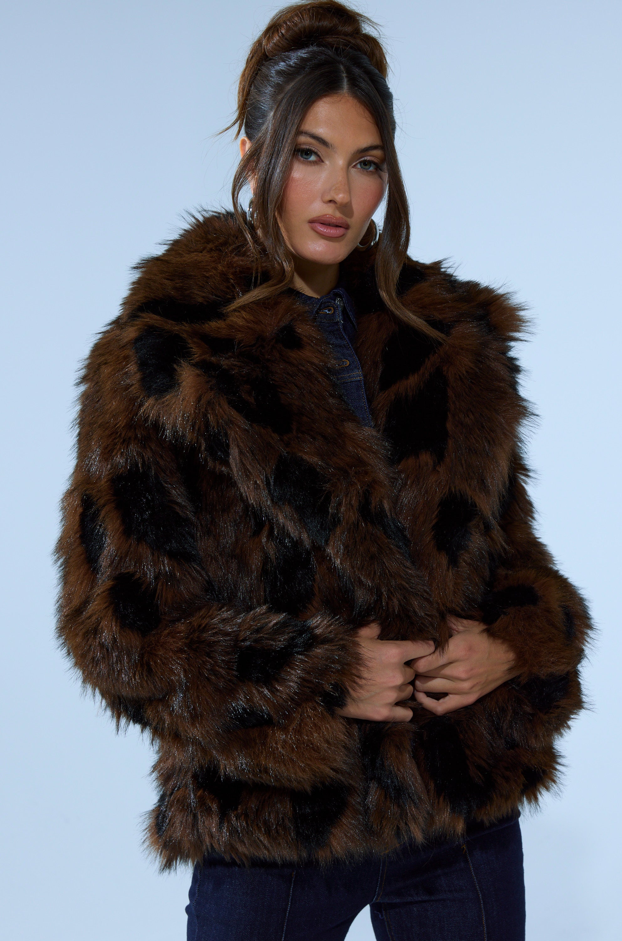 SHORTIE FUR COAT IN BROWN MULTI