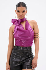 SUNSHINE COWL NECK SATIN BLOUSE IN PURPLE