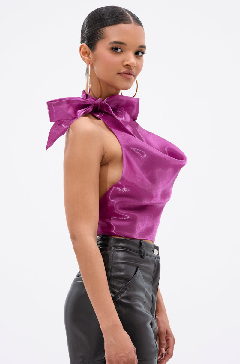 SUNSHINE COWL NECK SATIN BLOUSE IN PURPLE