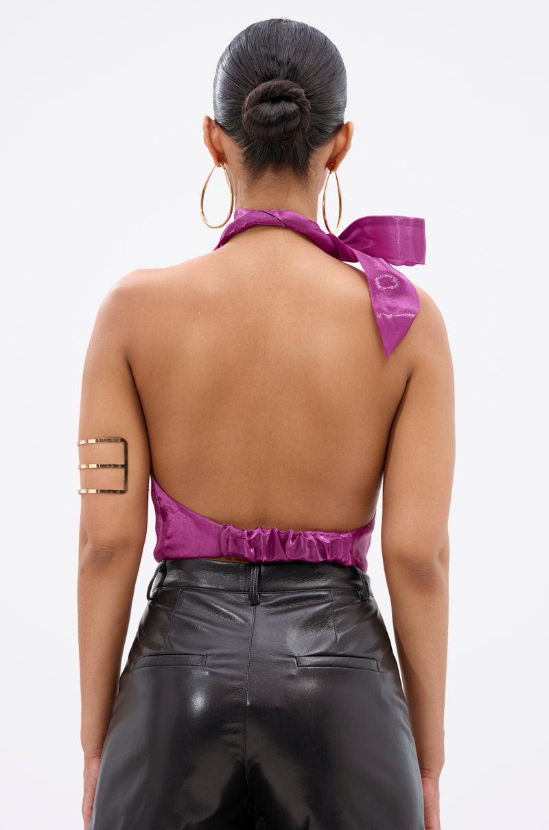 SUNSHINE COWL NECK SATIN BLOUSE IN PURPLE