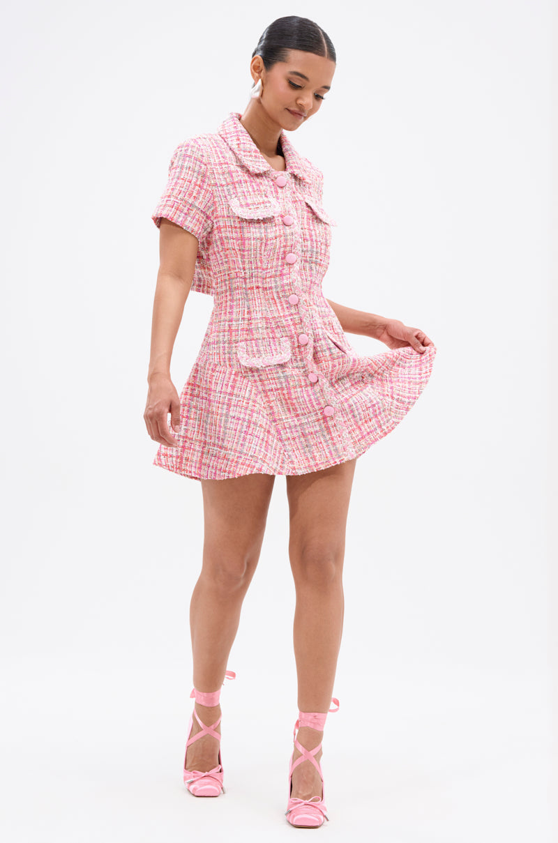 TAKE NOTES TWEED MINI DRESS IN PINK