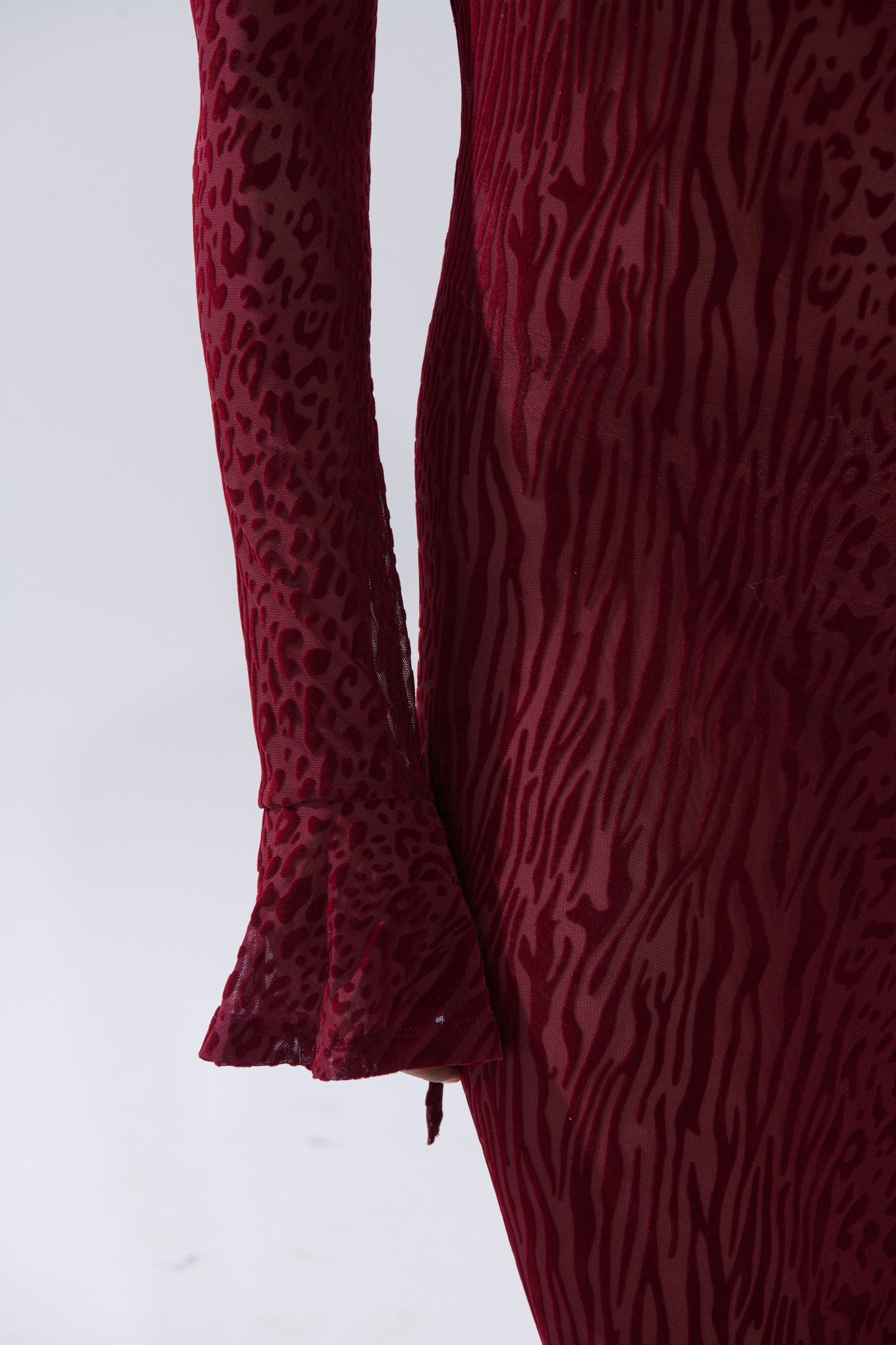 MY GOOD SIDE LEOPARD MESH MAXI DRESS IN BURGUNDY