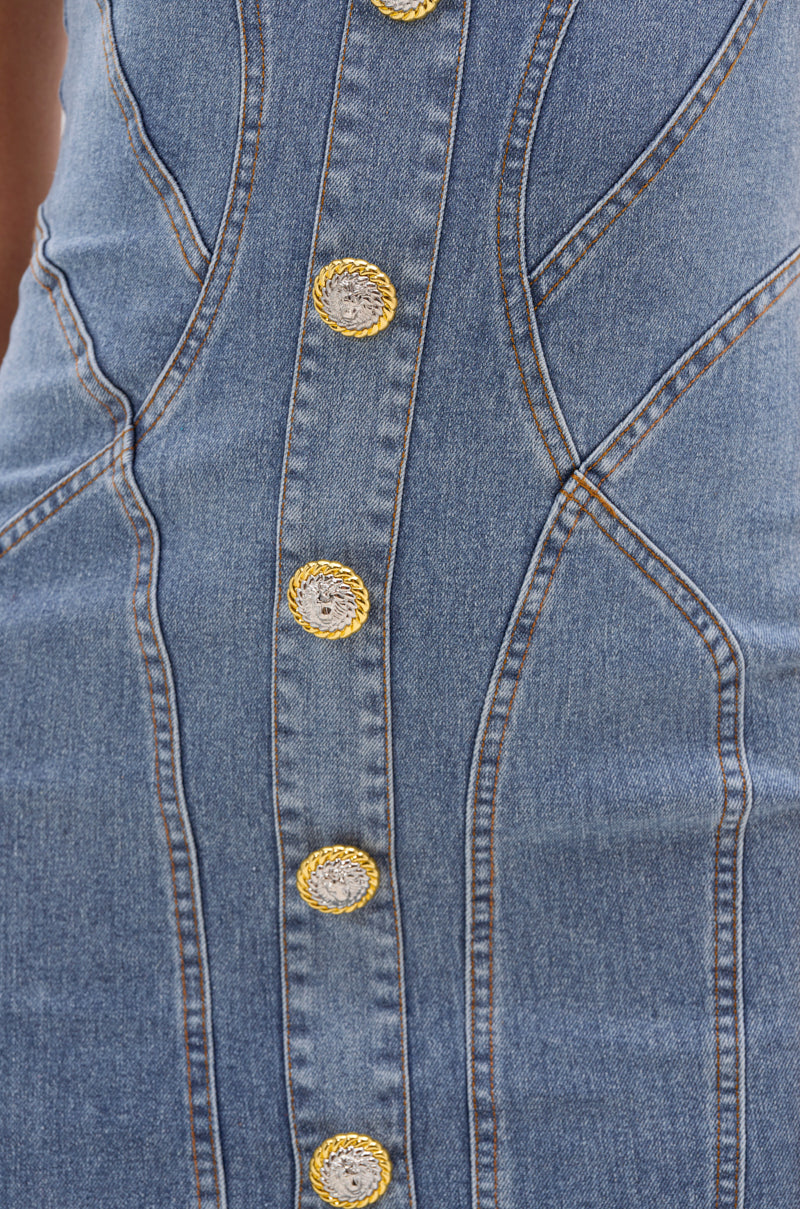 AMRATA DENIM MIDI DRESS WITH GOLD BUTTONS