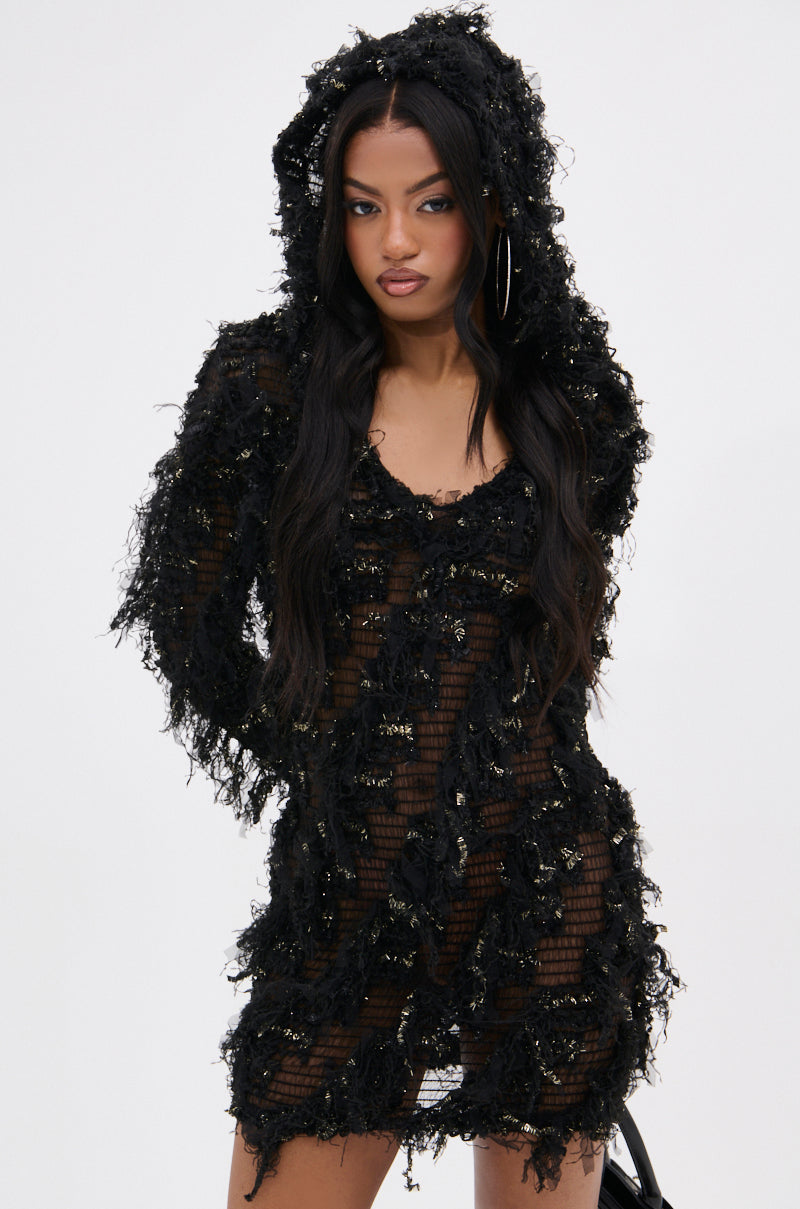 WANNA HAVE FUN FRINGE HOODED DRESS