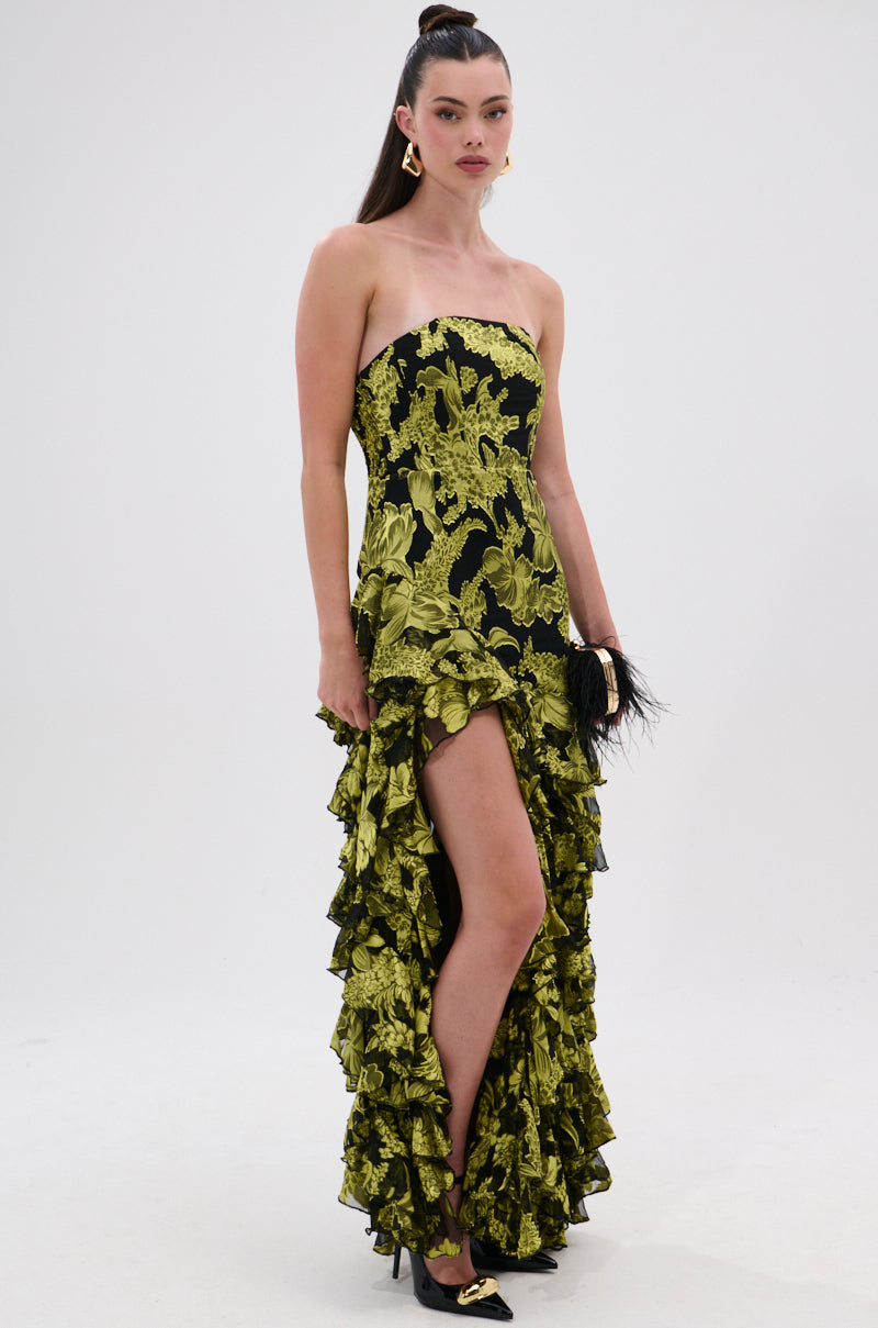 STOLE THE SHOW SATIN RUFFLE MAXI DRESS