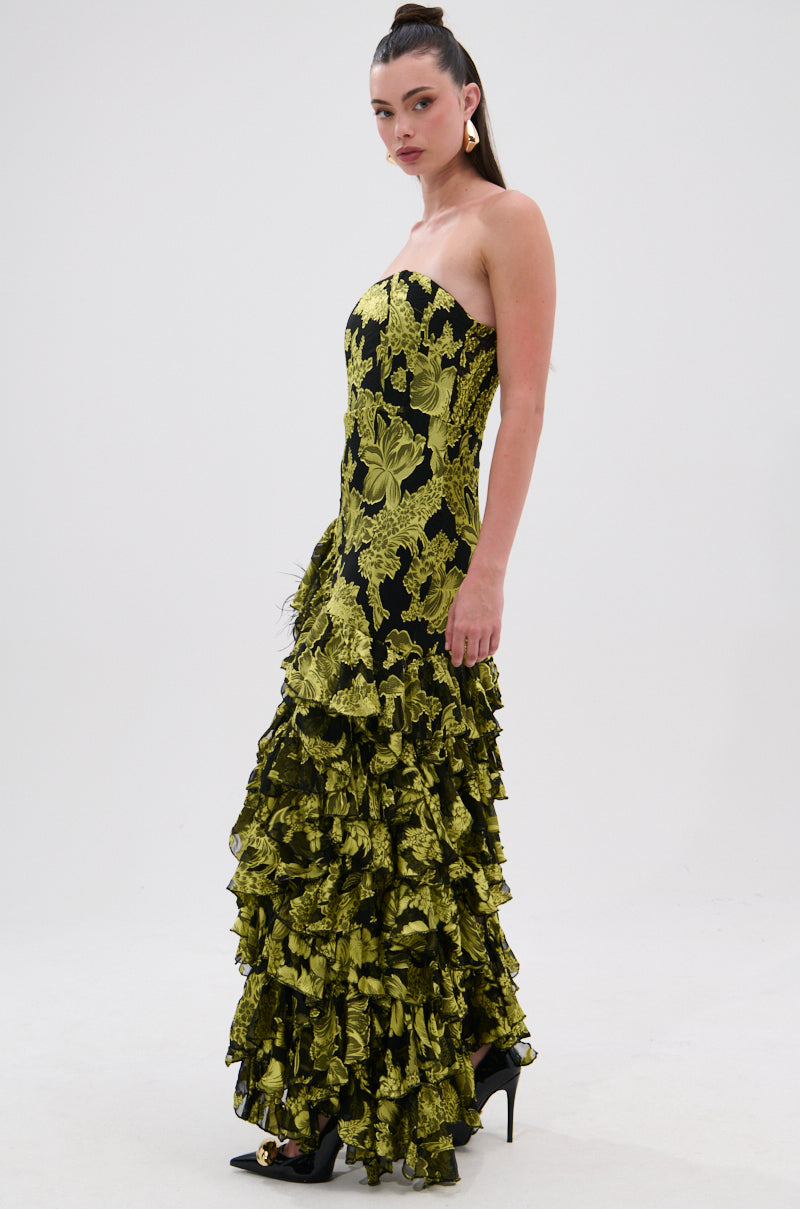 STOLE THE SHOW SATIN RUFFLE MAXI DRESS