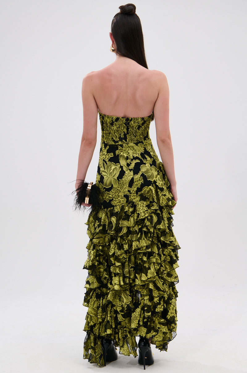 STOLE THE SHOW SATIN RUFFLE MAXI DRESS