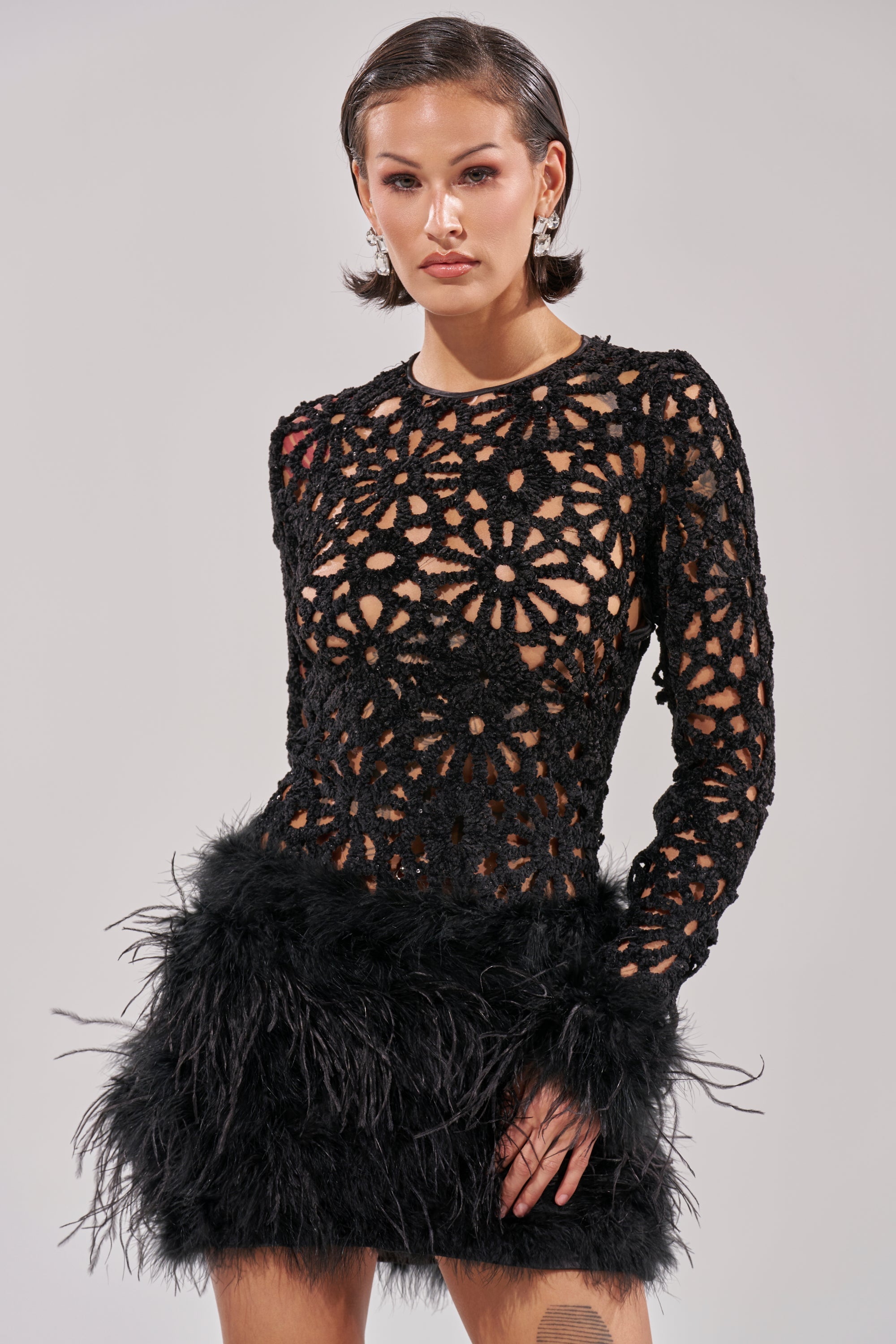 WHO ME? KNIT CROCHET MINI DRESS WITH FEATHERS