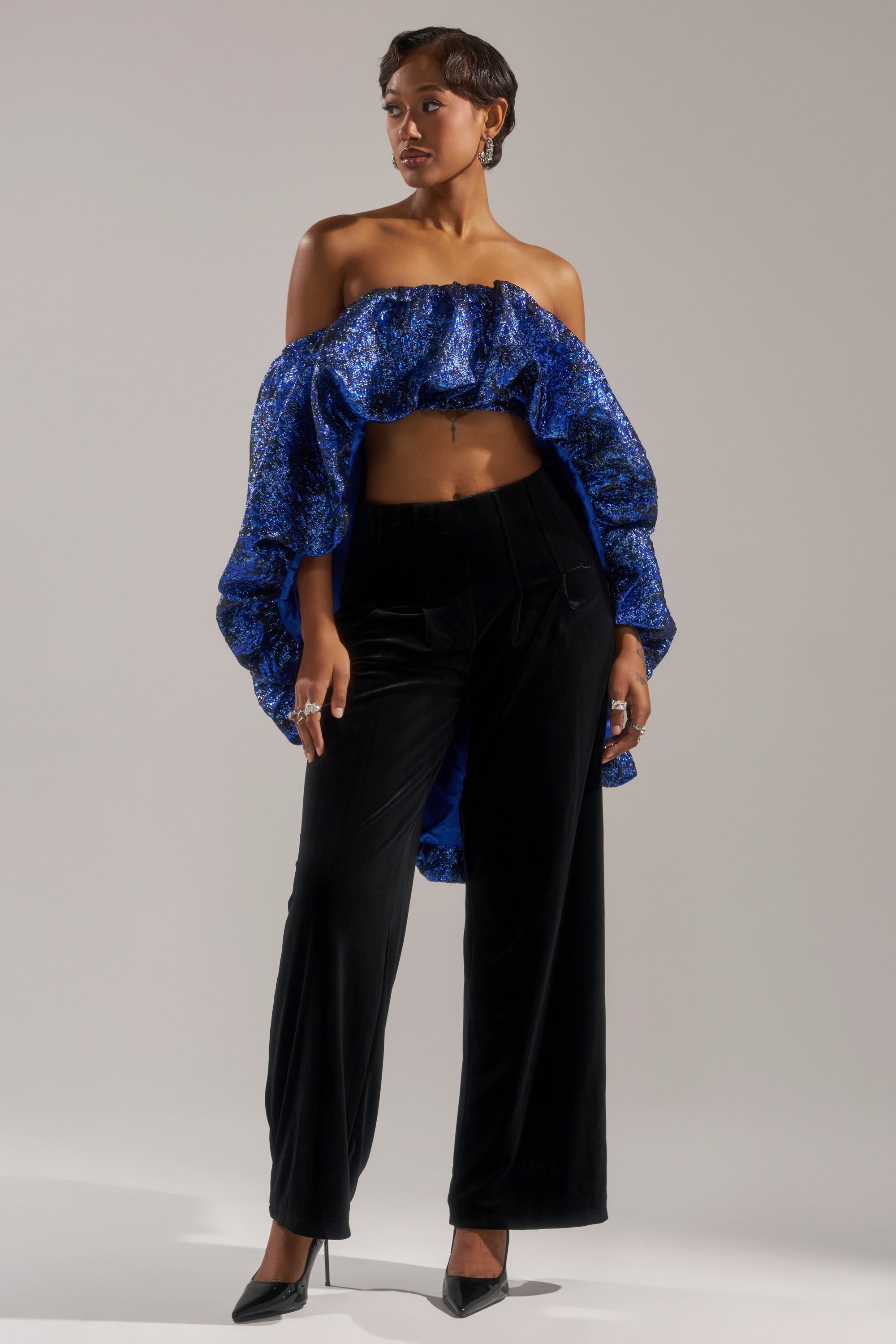 MELANI OFF THE SHOULDER HI-LOW BROCADE BLOUSE