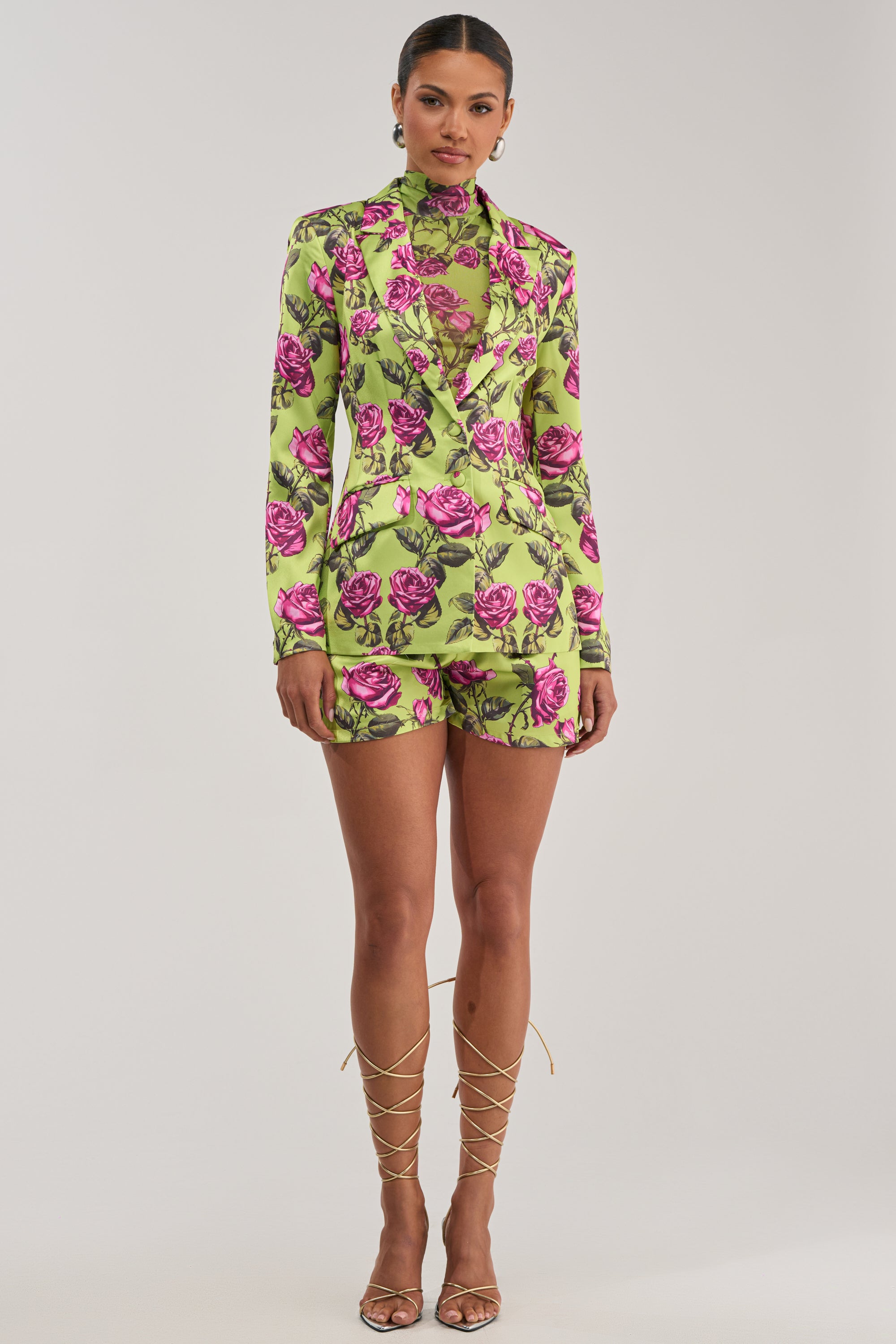 DOZEN ROSES SATIN BLAZER IN CHARTREUSE