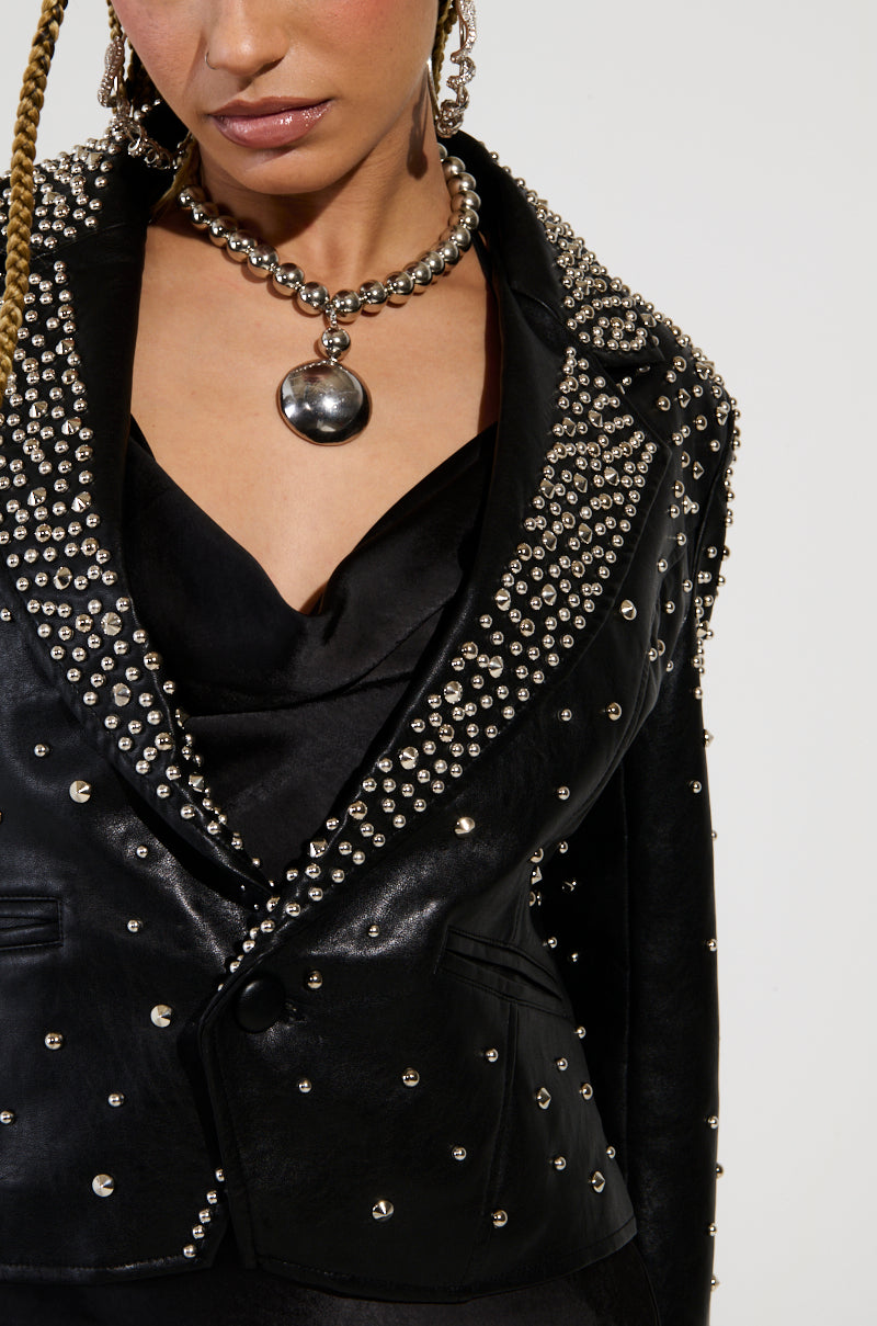 VIVA VEGAS STUDDED FAUX LEATHER BLAZER