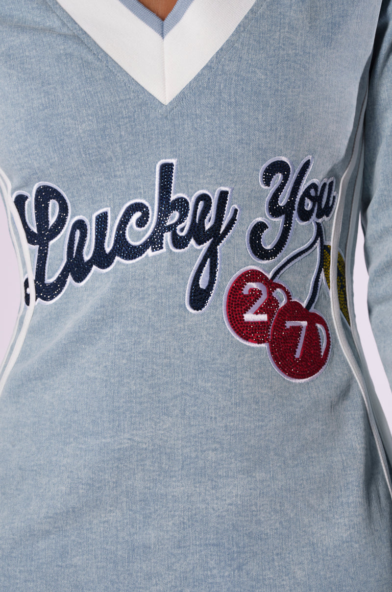 WITH A CHERRY ON TOP DENIM MINI DRESS