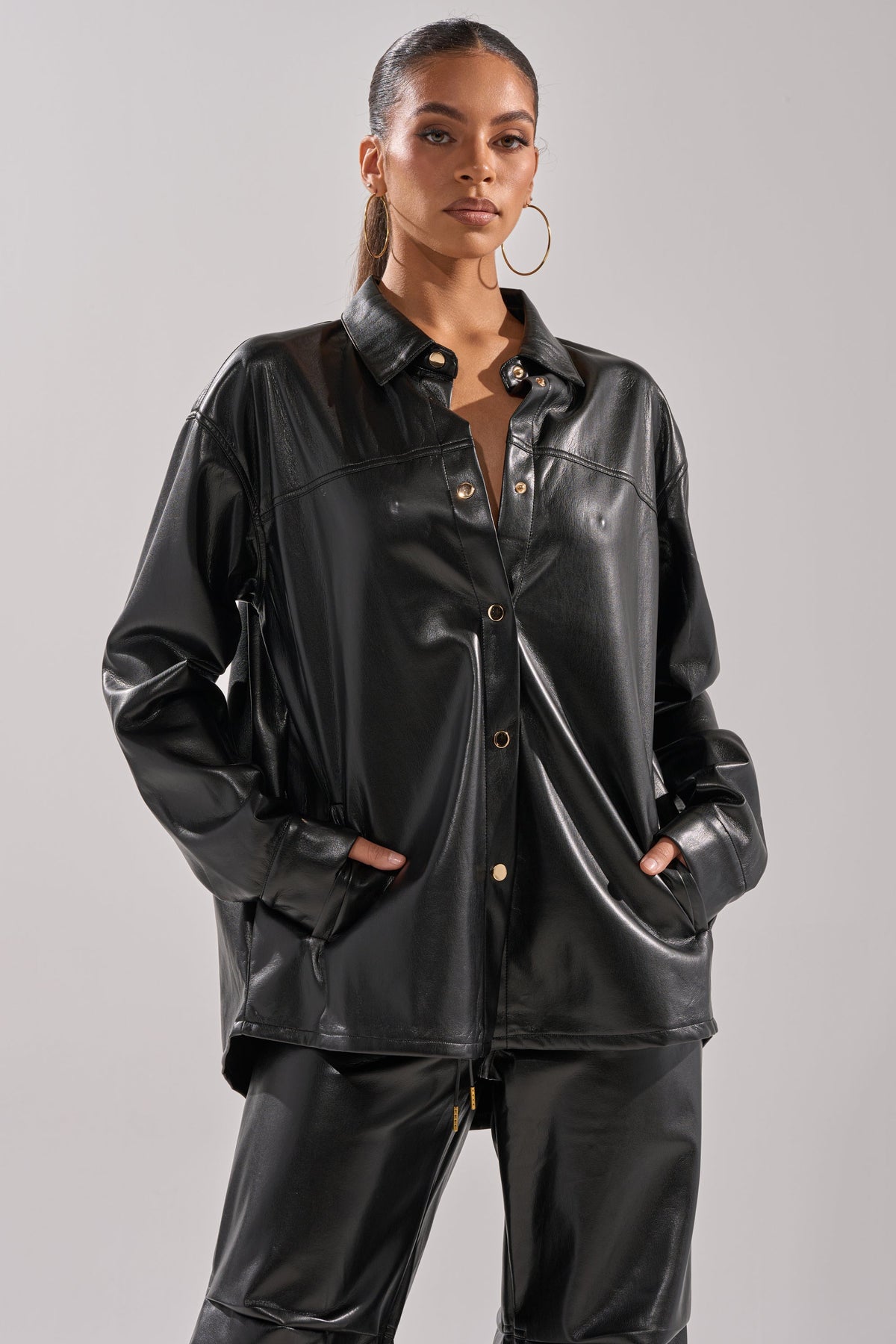 GET WITH IT FAUX LEATHER BUTTON DOWN