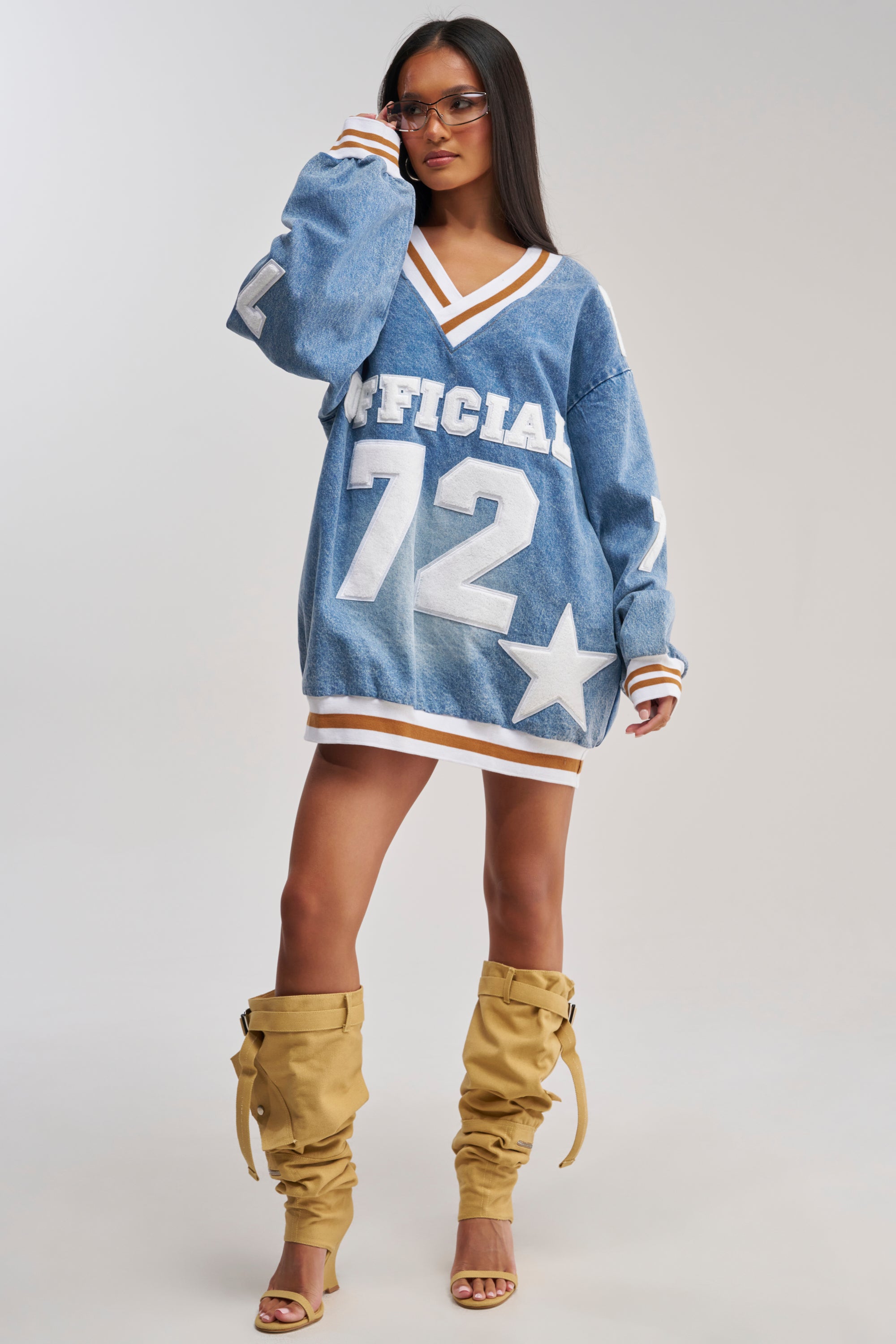 PLAYER FOR YOU DENIM JERSEY MINI DRESS