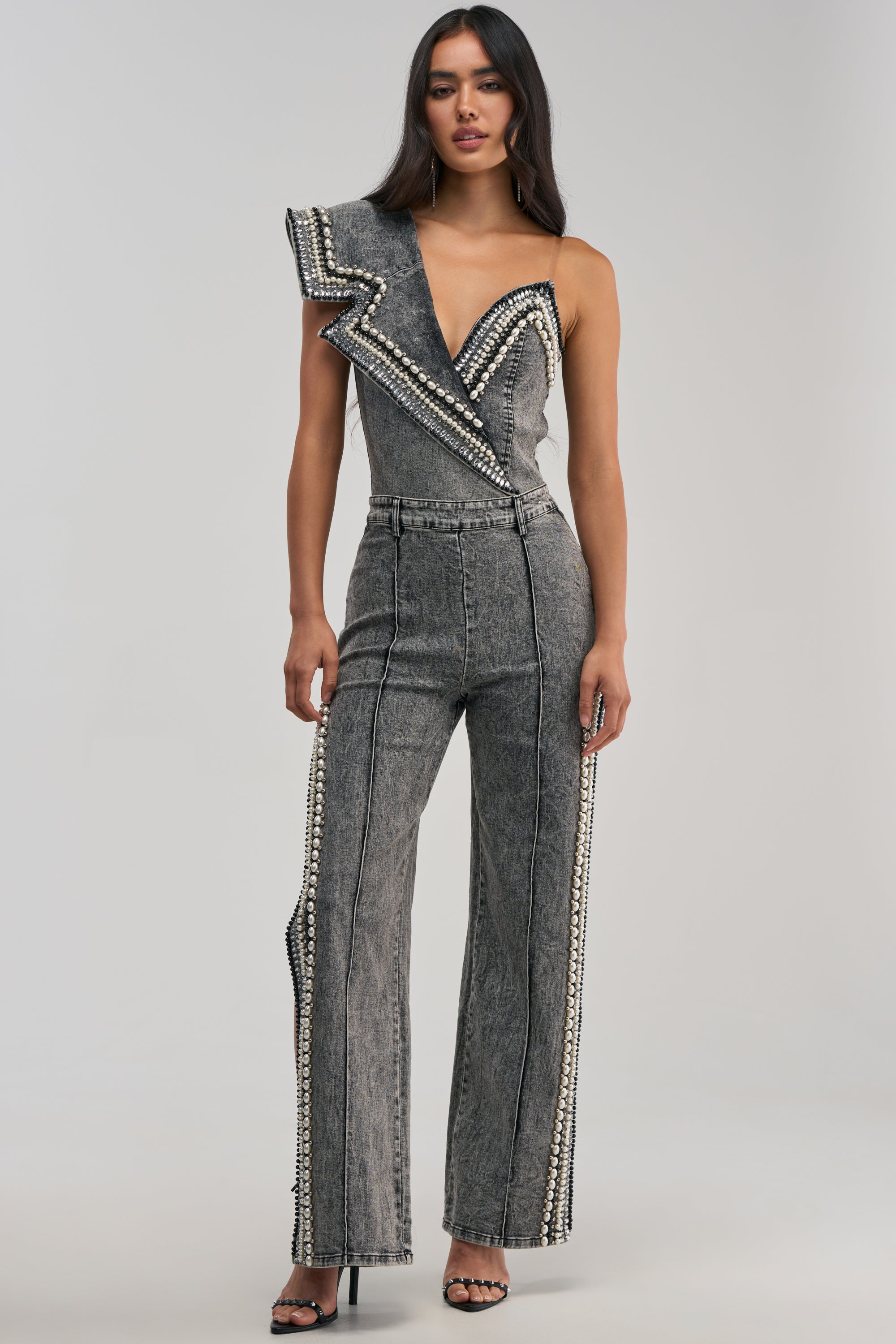 LUXURIOUS DENIM ASYMMETRICAL PEARL BODYSUIT IN GREY