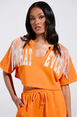 WHATEVER YOU WANT CROPPED RHINESTONE FRINGE TEE