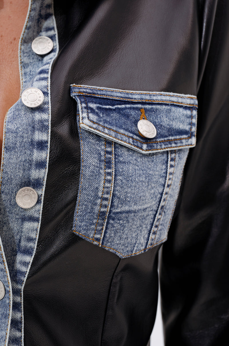 MIXED VIBES FAUX LEATHER BUTTON DOWN