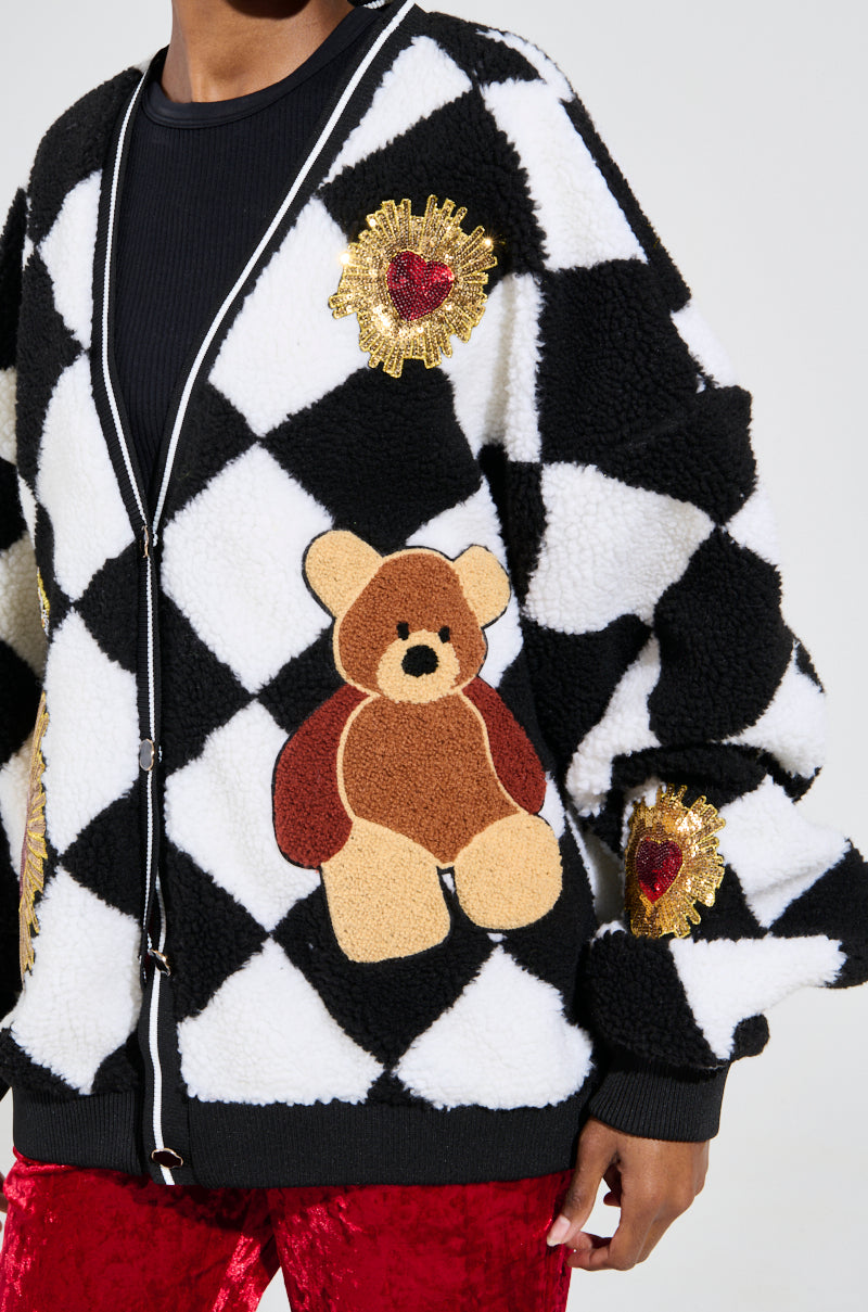 TEDDY BEAR CUTE CHECKERED BUTTON DOWN CARDIGAN