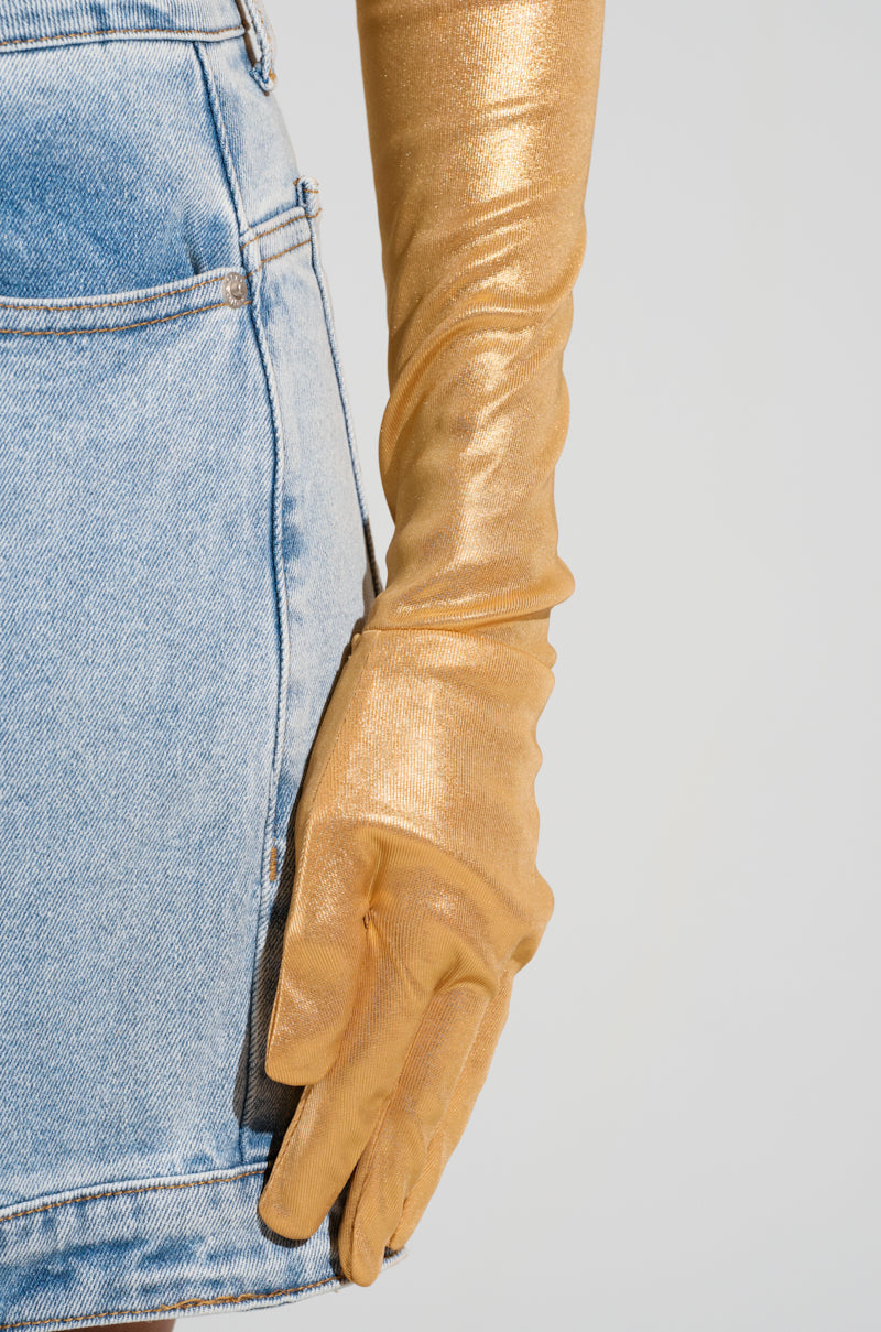 JUST LIKE MAGIC SLINKY OFF THE SHOULDER GLOVED TOP IN GOLD