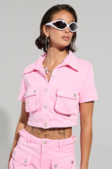 WORK FOR IT MINERAL WASHED CROPPED BUTTON DOWN IN PINK