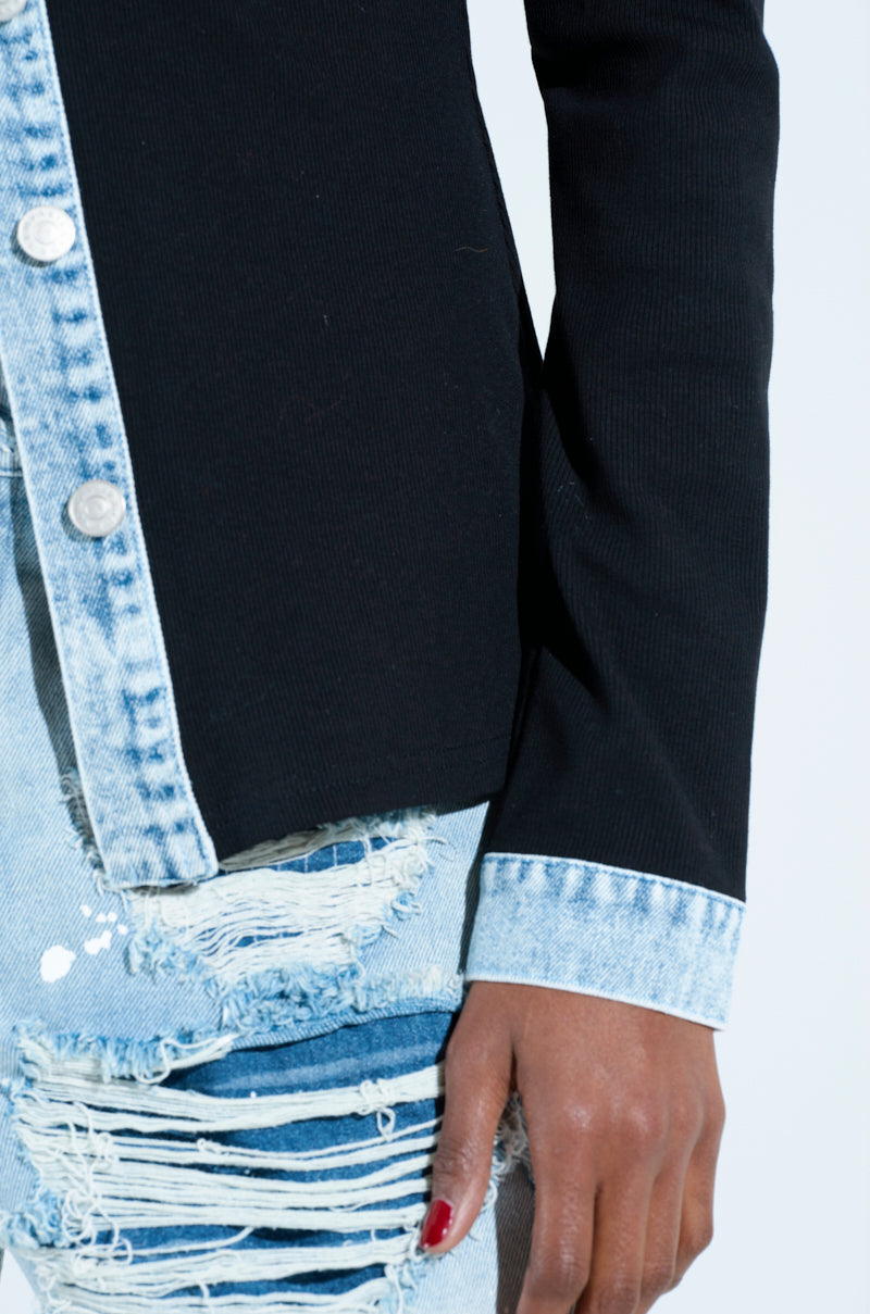 RIB KNIT DENIM TRIM BUTTON DOWN COLLARED SHIRT IN BLACK