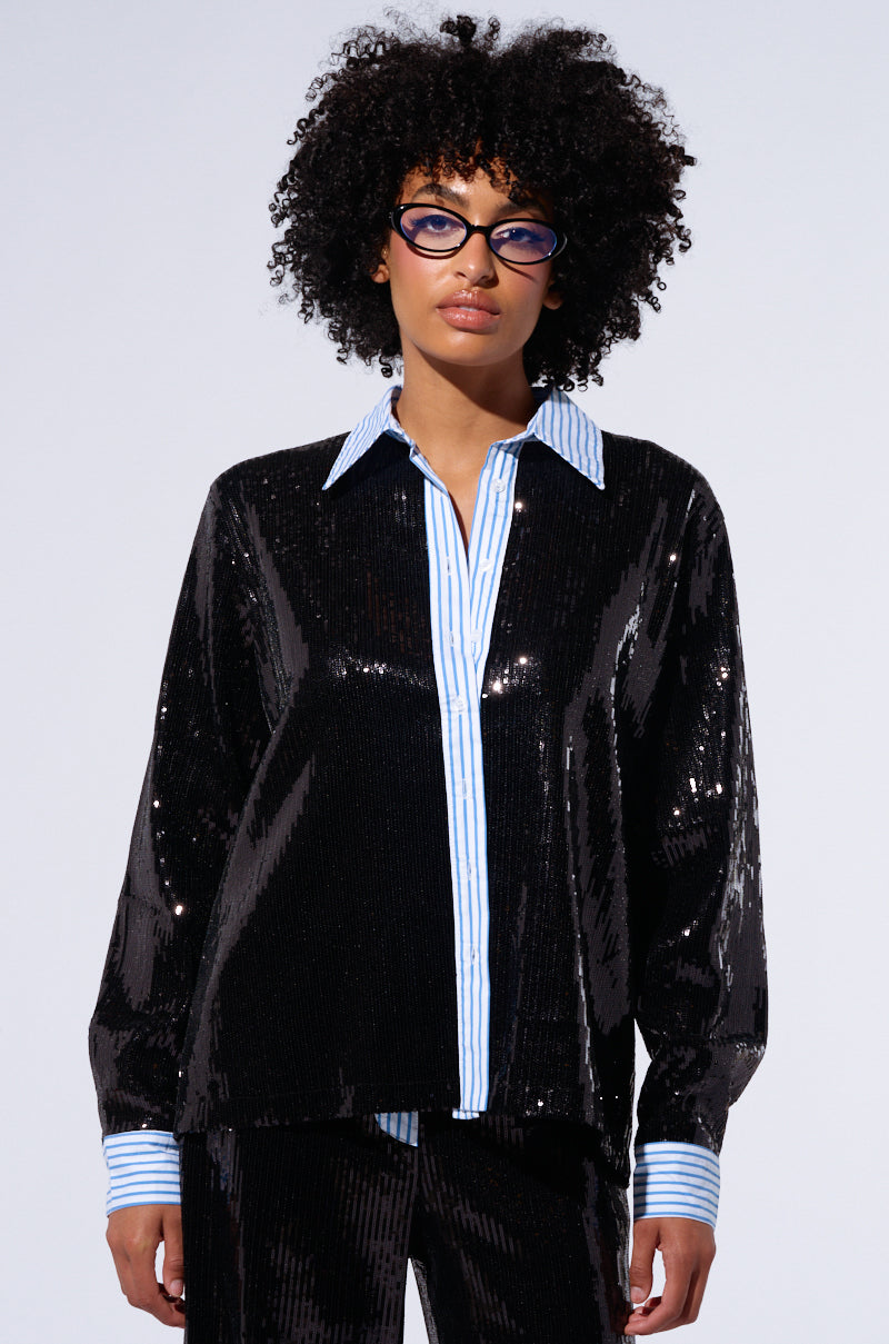 TRUE STORY SEQUIN BUTTON DOWN BLOUSE