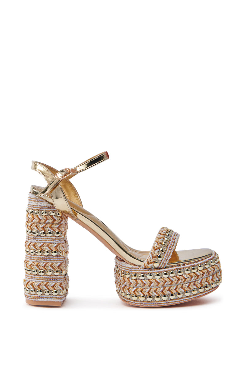 AZALEA WANG JUDSON GOLD RAFFIA AND GEMS PLATFORM SANDAL